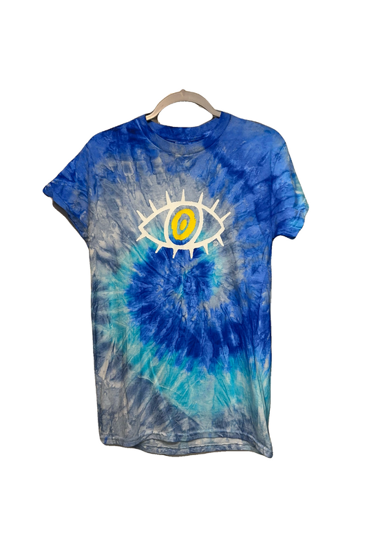 Blue turquoise grey tie dyed t shirt with white and yellow eye logo