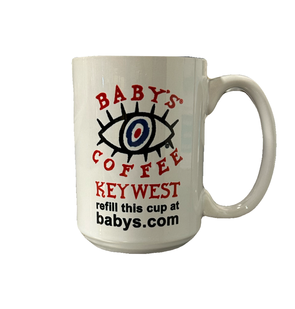 Key West Coffee Mug white ceramic Baby’s Coffee logo and website text