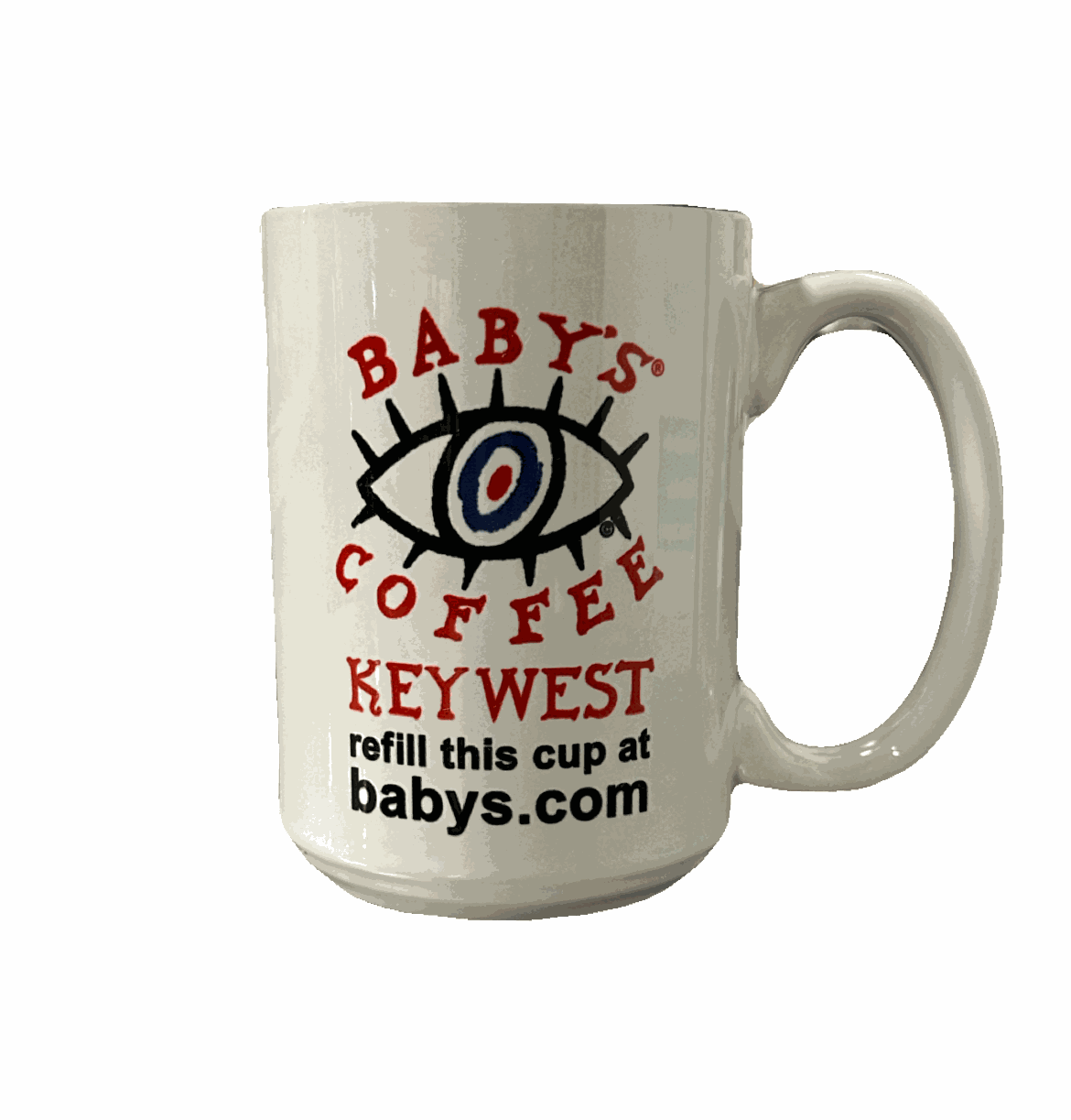 Key West Coffee Mug white ceramic Baby’s Coffee logo and website text