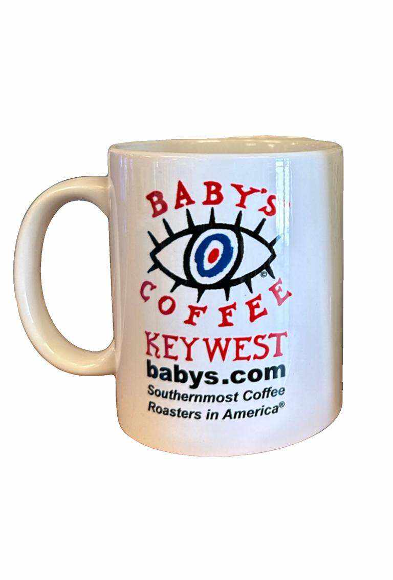Key West Coffee Mug with Baby's Coffee logo and website on white ceramic cup