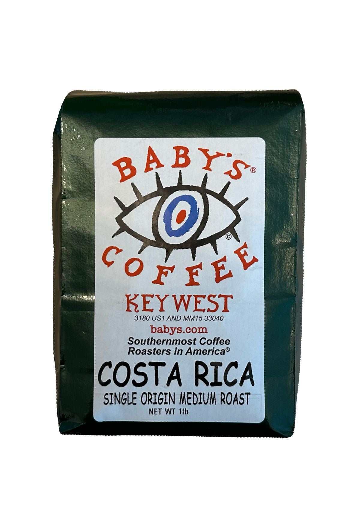 Single-origin Costa Rican coffee bag with Baby’s Coffee label