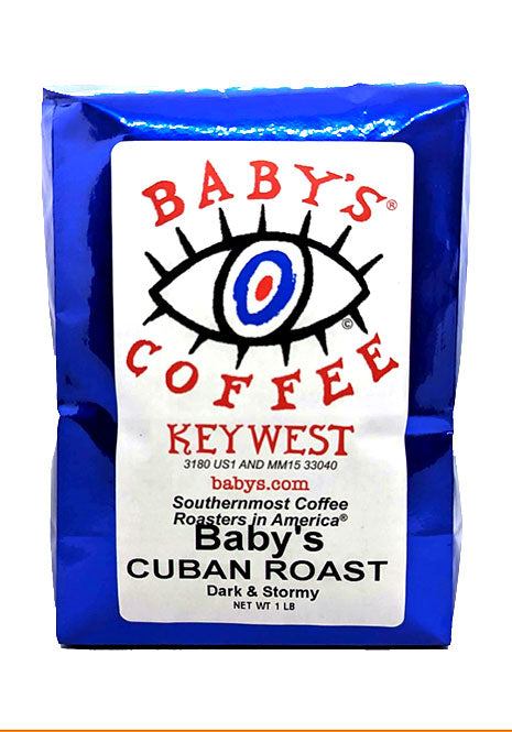 Baby's Cuban Roast® dark and stormy coffee in blue packaging from Baby's Coffee Keywest