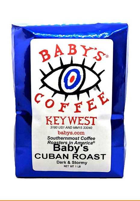 Baby's Cuban Roast dark and stormy coffee in blue packaging from Baby's Coffee Keywest