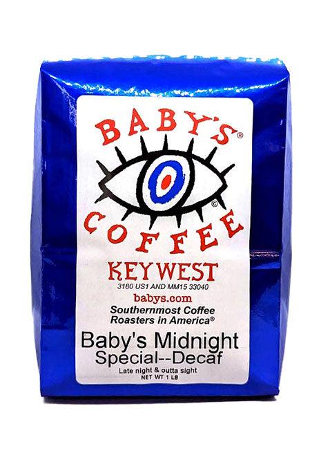 Baby's Midnight Special® Decaf coffee bag in blue packaging with bold logo and text