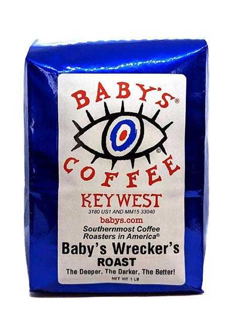 Baby's Wrecker's Roast® rich dark coffee in blue packaging with eye logo