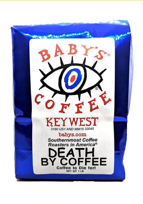 Death by Coffee® blend of full city and medium roasted beans in blue bag from Baby's Coffee Key West