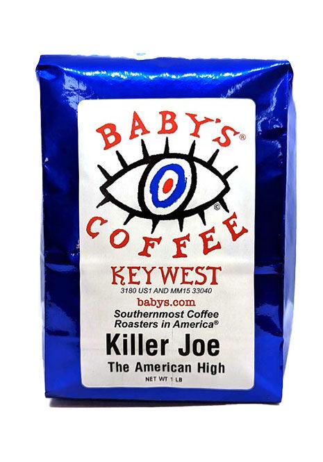 Killer Joe Baby's Coffee Key West blue bag with eye logo and American High blend text