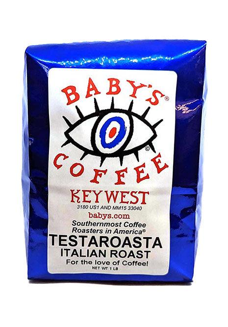 Testaroasta® Italian Roast coffee bag by Baby's Coffee Key West in blue packaging