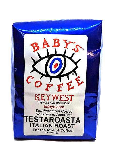 Testaroasta® Italian Roast coffee bag by Baby's Coffee Key West in blue packaging