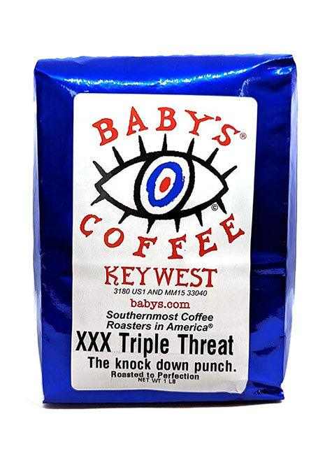 Triple Threat extra strong coffee by Baby’s Coffee in blue packaging