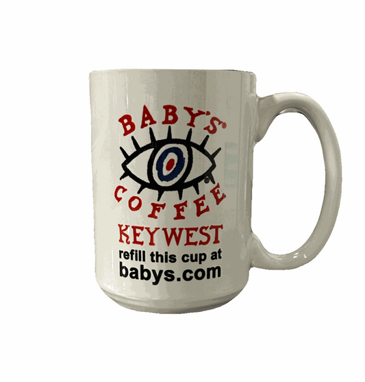 Key West Coffee Mug white ceramic Baby’s Coffee logo and website text